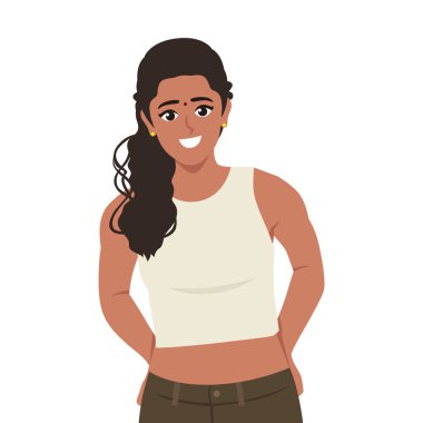 Atkuyruklu bir kadın pembe atlet bluzuyla rahatça dikilirken kendine güveniyor. Düz Vektör karakter çizimi