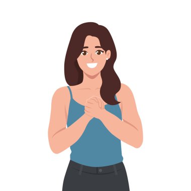 Elleri Tutumlu Gülümseyen Kadın. Düz Vektör karakter çizimi