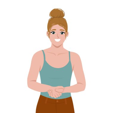 Saçları topuz şeklinde ve kolsuz tişört giyen bir kadın elleri sımsıkı bağlı bir şekilde ayakta duruyor. Düz Vektör karakter çizimi