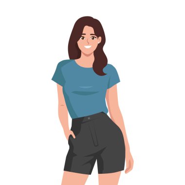 Mavi Üstlü ve Siyah Şortlu Sıradan Şık Kadın. Düz Vektör karakter çizimi