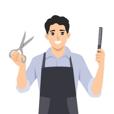 Neşeli erkek berber bir makas ve tarak tutuyor, şık bir saç kesimine hazır. Düz Vektör karakter çizimi