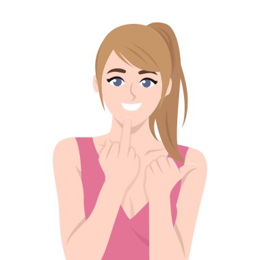 Pembe bluzlu bir kadın, kışkırtıcı ya da meydan okuyucu bir hareketle orta parmağını kaldırırken gülümsüyor. Düz Vektör karakter çizimi