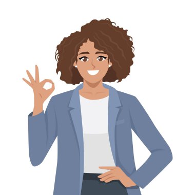 Kendine güvenen kadın işaretini gösteriyor. Düz Vektör karakter çizimi