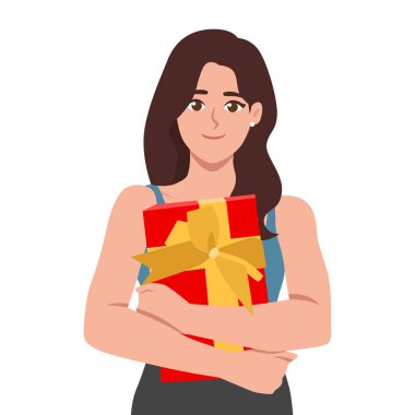 Hediye Kutusu Tutan Mutlu Kadın. Düz Vektör karakter çizimi