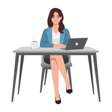 Masasında çalışan bir iş kadını. Düz Vektör karakter çizimi