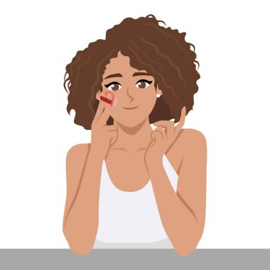 Gülen Kadın Puff 'la cilt bakımı yapıyor. Düz Vektör karakter çizimi