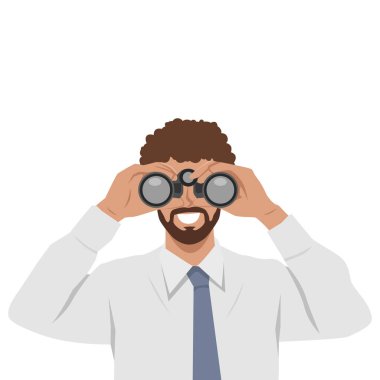 Resmi kıyafetli bir adam dürbünle bakıyor, keşfi sembolize ediyor. Düz Vektör karakter çizimi