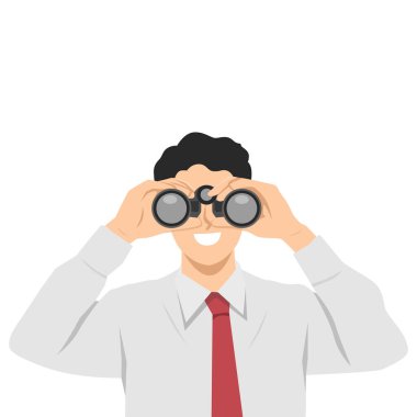 Resmi kıyafetli gülümseyen adam dürbünle bakıyor, keşfi sembolize ediyor. Düz Vektör karakter çizimi