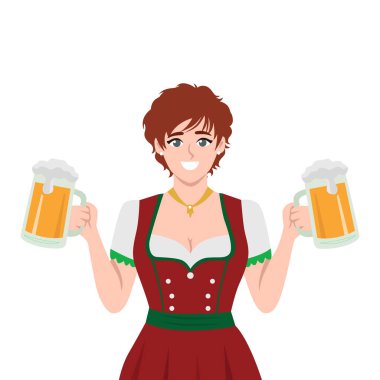 Oktoberfest 'te gülümseyen kadın bira tutuyor. Düz Vektör karakter çizimi