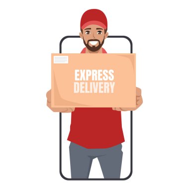 Smartphone 'dan gülümseyen teslimatçı adam ekspres paketi. Düz Vektör karakter çizimi
