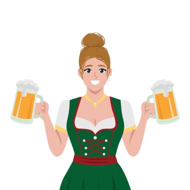 Geleneksel Bavyera kıyafetli kadın elinde iki köpüklü bira kupası, Oktoberfest 'in şenlikli ruhu var. Düz Vektör karakter çizimi