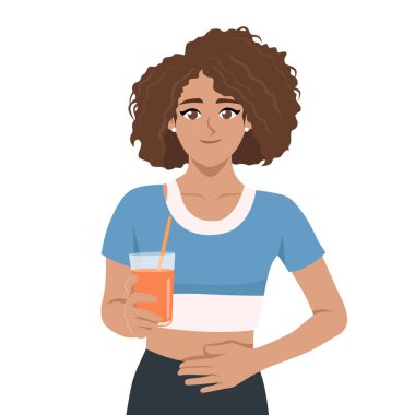 Sağlıklı Meyve Suyu İçen Kadın. Düz Vektör karakter çizimi