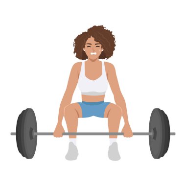 Spor kıyafetli bir kadın ağır bir halterle ağırlık kaldırıyor, güç ve odaklanma gösteriyor. Düz Vektör karakter çizimi
