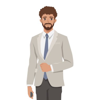 Kıvırcık saçlı, sakallı, bej takım elbiseli, mavi kravatlı, elinde akıllı telefon olan bir adam. Düz Vektör karakter çizimi