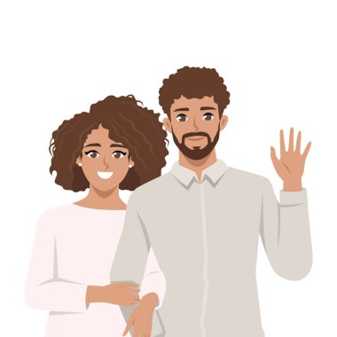 Çift yan yana durur, kadın erkeğin kolunu sımsıcak sallarken tutar. Düz Vektör karakter çizimi