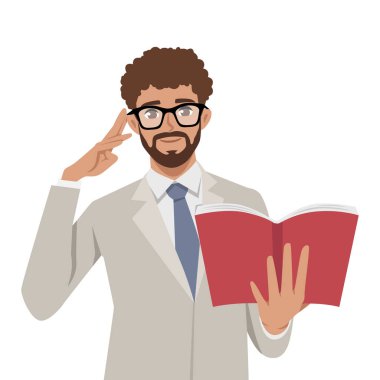 Sakallı, kıvırcık saçlı, gözlüklü, açık renk takım elbiseli ve mavi kravatlı bir adam. Düz Vektör karakter çizimi