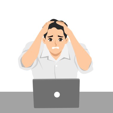 Beyaz gömlekli bir adam dizüstü bilgisayarla uğraşırken hayal kırıklığı içinde başını tutuyor. Düz Vektör karakter çizimi