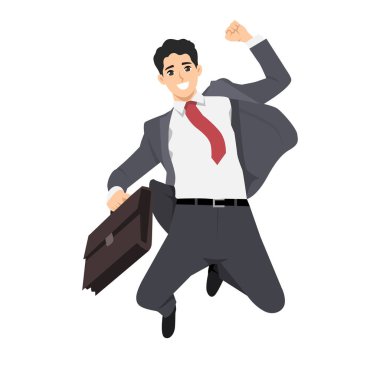 Mutlu iş adamı elinde bir çantayla havaya sıçrayıp zaferi kutluyor. Düz Vektör karakter çizimi