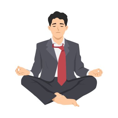 Takım elbiseli bir iş adamı, sakin ve dengeli bir şekilde bacak bacak üstüne atmış bir şekilde oturur. Düz Vektör karakter çizimi