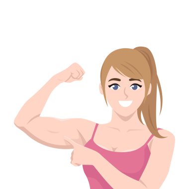 Pembe bluzlu bir kadın gururla pazılarını esnetiyor, kendine güvenini ve gücünü gösteriyor. Düz Vektör karakter çizimi