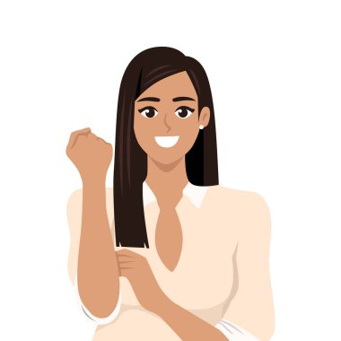 Sarı tişörtlü bir kadın güçlü, kendinden emin bir jest yapıyor motivasyon ve güçlendirmeyi simgeliyor. Düz Vektör karakter çizimi