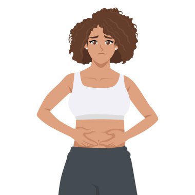 Stresli Kadın Göbek Şişmanlığı Tutuyor. Düz Vektör karakter çizimi