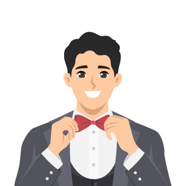 Genç adam resmi bir takım elbise giyiyor ve kırmızı papyonunu ayarlıyor. Zarafet ve özgüveni simgeliyor. Düz Vektör karakter çizimi