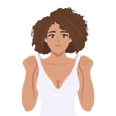 Pembe elbiseli, kendine güveni tam genç bir kadın. Omzunu neşeli bir ifadeyle tutuyor. Düz Vektör karakter çizimi