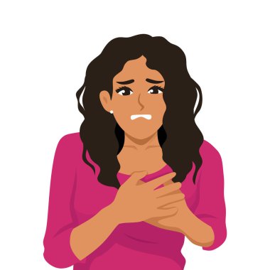 Göğsünü tutan sıkıntılı bir kadın. Göğüs bölgesinde ağrı ya da rahatsızlık belirtisi var. Düz Vektör karakter çizimi