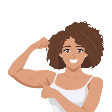 Kolunu esneten güçlü bir kadın. Düz Vektör karakter çizimi