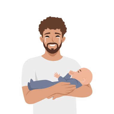 Duygusal baba yeni doğmuş bebeği tutuyor. Düz Vektör karakter çizimi