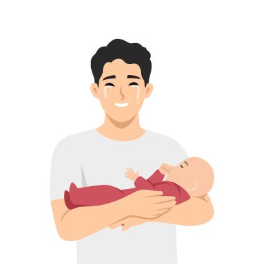 Mutlu bir baba, yeni doğmuş bebeğini nazikçe kollarında tutarak mutluluk gözyaşları döküyor. Düz Vektör karakter çizimi