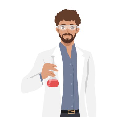 Laboratuvar önlüklü ve güvenlik gözlüklü bir bilim adamı elinde kırmızı sıvıyla bir matara tutuyor. Düz Vektör karakter çizimi