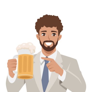 Takım elbiseli neşeli bir işadamı köpüklü bir bira bardağını işaret ediyor. Düz Vektör karakter çizimi