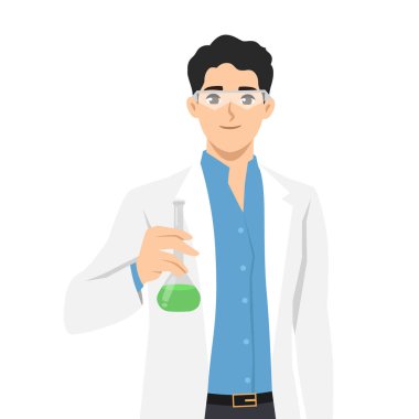 Laboratuvar önlüğü ve koruyucu gözlük takan erkek bir bilim adamı elinde kimyasal çözeltiyle matara tutarken. Düz Vektör karakter çizimi