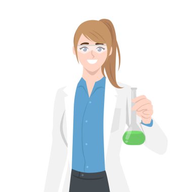 Kadın bilim adamı elinde yeşil sıvıyla matara tutuyor. Düz Vektör karakter çizimi