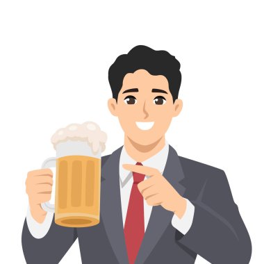 Köpüklü bira bardağı tutan takım elbiseli gülümseyen bir iş adamı. Düz Vektör karakter çizimi