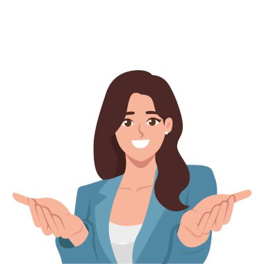 Mavi ceketli, gülümseyen bir iş kadını ellerini kaldırarak hem sorguluyor hem de jest yapıyor. Düz Vektör karakter çizimi