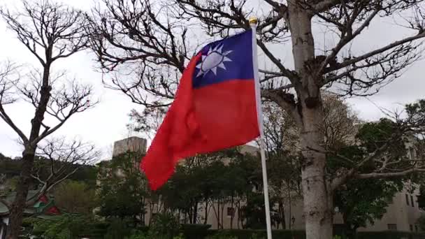 2024年3月26日 中国共和国の旗 台湾の旗 曇りの木の間の台北の国家革命殉教者の神殿で風を吹く — ストック動画