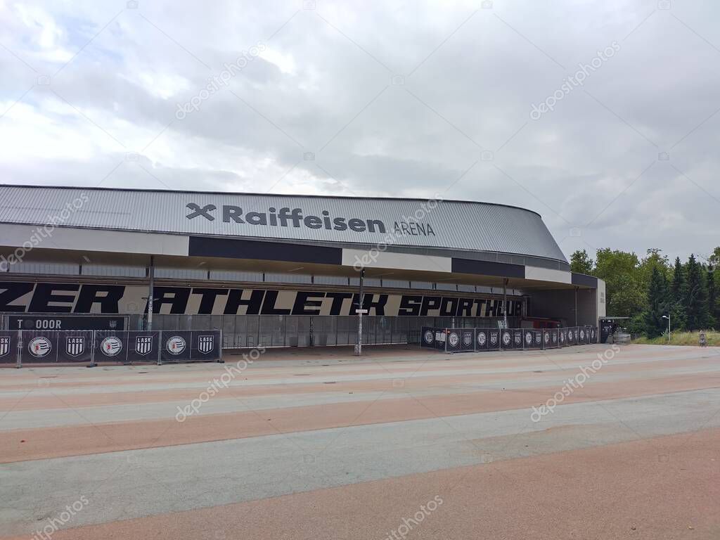 Linz, Austria, August 25, 2024: View of football stadium Raiffeisen Arena or Gugl Stadion in Linz. Opened 2023. Home stadium of Austrian Bundesliga club LASK. Used for UEFA competitions.