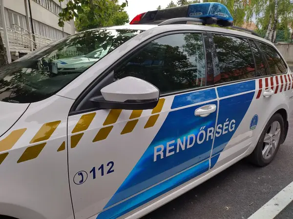 stock image Keszthely, Hungary, August 8, 2024: Side of Hungarian police patrol car. Labeled Rendrsg (police). National civil law enforcement agency of Hungary. Governed by the Interior Ministry