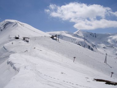 Brezovica, Strpce, Kosova - 04 Mart 2006: Brezovica kayak merkezinin tepelerine panoramik bir manzara, kar kaplı dağlık yamaçlar ve Balkanlar 'da güneşli bir kış gününde kayak kaldırımları.