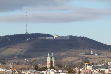 Viyana, Avusturya - 01 Ocak 2025: Viyana 'nın Hausberg Tepesi, St. Josef kilisesi, radyo vericisi ve Modul Üniversitesi Viyana. Dobling Karmelite Manastırı.