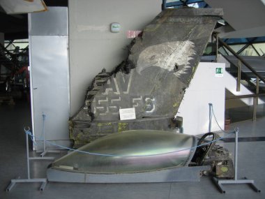 Surcin, Belgrade, Serbia - June 25, 2006:Display of wreckage of a downed USAF F-16 Fighting Falcon, shot down during the NATO bombing of Yugoslavia in 1999. Aeronautical Museum at Belgrade Airport. clipart