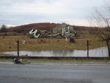 Petri, Peja, Kosova - 12 Mart 2006: Ortodoks Sırp Kutsal Üçlü Kilisesi 'nin kalıntıları, yağmurlu bir günde yol kenarındaki toprak ve ölü köpeği sular altında bıraktı. Savaş sonrası Kosova 'da bahar mevsimi.