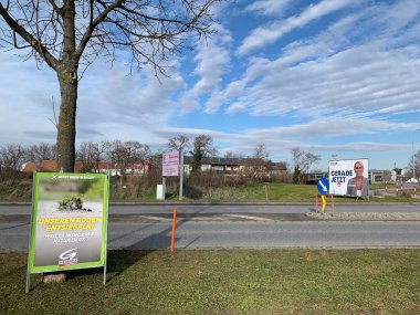 Ganserndorf, Aşağı Avusturya - 26 Ocak 2025: Die Gruenen, The Green Alternative, and FPOE, Freedom Party of Austria afişleri yol kenarında duruyor.