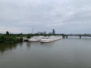 Viyana, Avusturya - Mayıs 06, 2025: Tuna Kulesi ile Tuna Nehri 'nde panoramik manzara, Donau City' nin ufuk çizgisi, iki gövdesi ve Nordbahnbruecke (kuzey demiryolu köprüsü) olan bir devlet okulu).