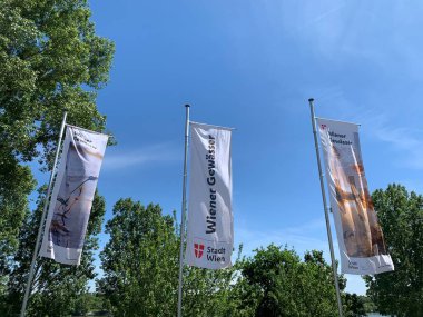 Viyana, Avusturya - 10 Mayıs 2025: Magistratsabteilung 45 (Belediye Departmanı) Wiener Gewaesser (Viyana Su Kurulu) 'nun bayrakları Brigittenauer Sporn' daki genel merkez binasının önünde sallanıyor.
