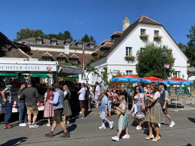 Viyana, Avusturya - 24 Ağustos 2025: Ziyaretçiler her yıl düzenlenen Viyana şarap imalat festivali Neustifter Kirtag 'in renkli galeri stantları ve pazar tribünlerinde gezinmekten keyif alıyorlar.