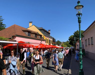 Viyana, Avusturya - 24 Ağustos 2025: Ziyaretçiler her yıl düzenlenen Viyana şarap imalat festivali Neustifter Kirtag 'in renkli galeri stantları ve pazar tribünlerinde gezinmekten keyif alıyorlar.